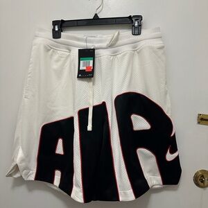 Nike White Mesh Athletic Shorts with Black Graphic and Red Trim